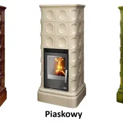Trzy piece kaflowe z płaszczem wodnym: brązowy, piaskowy i zielony. Każdy z nich ozdobiony jest kafelkami z wypukłymi wzorami.