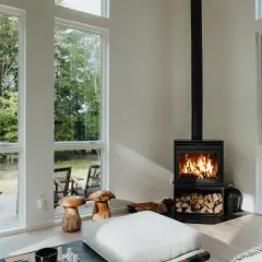 Nowoczesne kominki na drewno w salonie z widokiem na las. Ciepło ognia i przytulna atmosfera.
