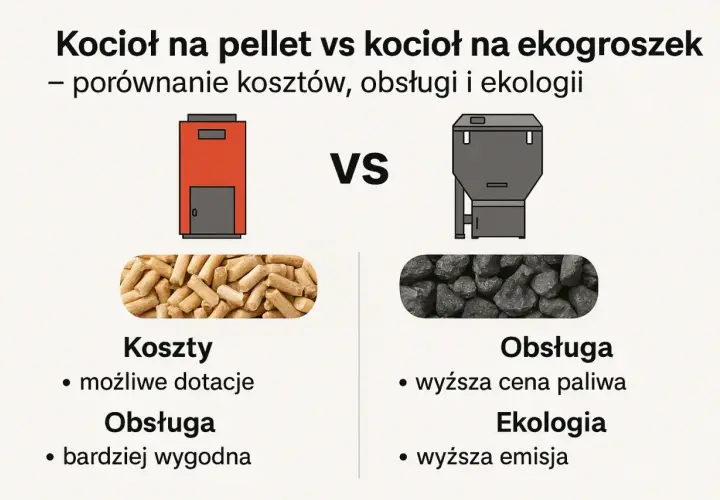 Porównanie: piec na pellet vs piec na ekogroszek. Pellet: niższe koszty, łatwiejsza obsługa. Ekogroszek: wyższa cena paliwa, wyższa emisja.