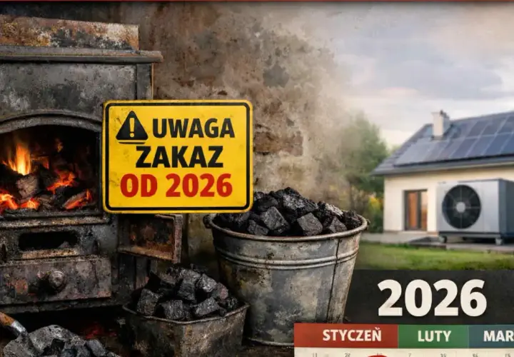 Stary piec i węgiel kamienny obok znaku "Uwaga zakaz od 2026". Nowoczesny dom z panelami słonecznymi w tle. Czy w kominku można palić węglem kamiennym?