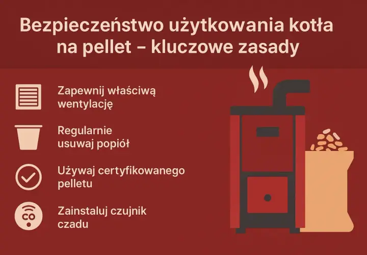 Bezpieczne użytkowanie pieca na pelet: zapewnij wentylację, usuwaj popiół, używaj certyfikowanego peletu i zainstaluj czujnik czadu.