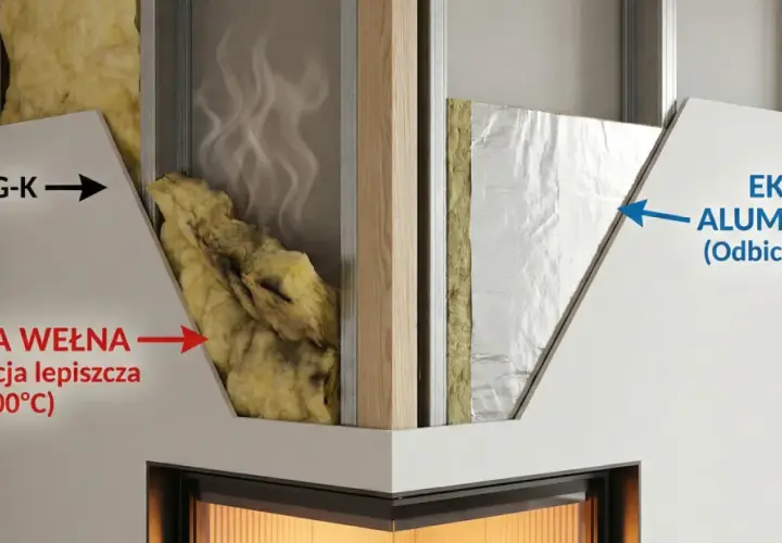 Przekrój obudowy kominka: płyta G-K, wełna mineralna (nie nadaje się do wysokich temperatur), ekran aluminiowy odbijający ciepło.