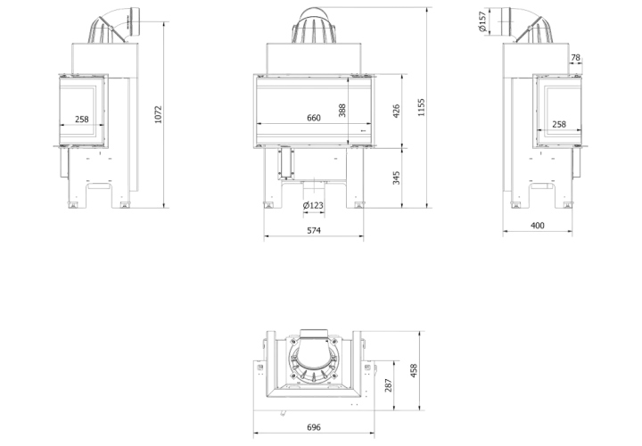 Rysunek techniczny przedstawia wkłady kominkowe z podanymi wymiarami: szerokość 660 mm, wysokość 388 mm, głębokość 400 mm.