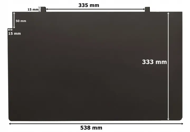Czarny deflektor do kominka francuskiego, wymiary 538x333 mm, z zaznaczonymi detalami montażowymi 15 mm i 50 mm.