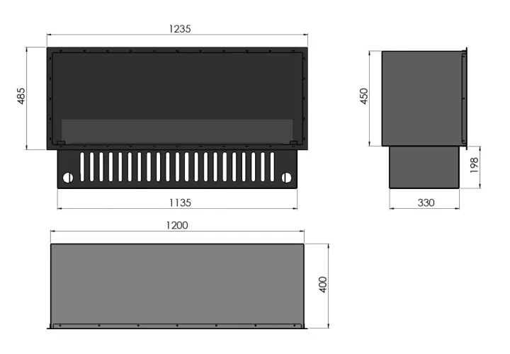 Schematyczny rysunek techniczny z wymiarami kominka po zabudowie: szerokość 1235 mm, wysokość 485 mm, głębokość 330 mm.