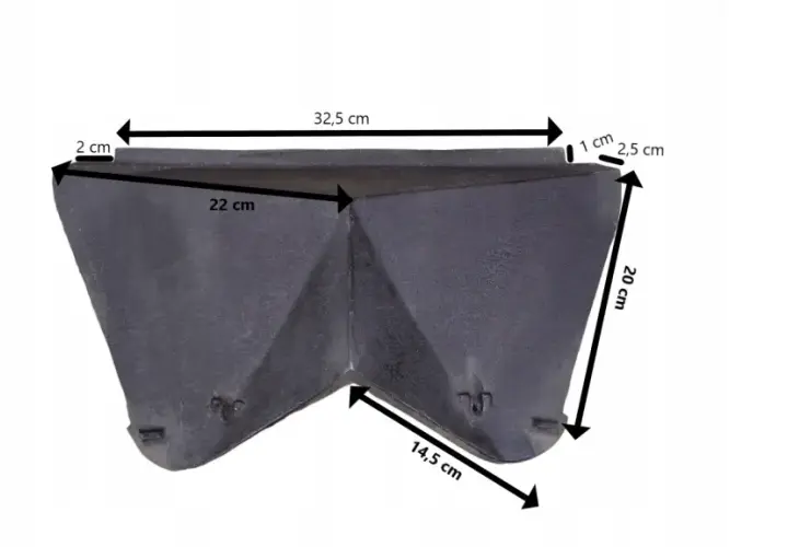 Czarny deflektor do kominka Nordflam, wykonany z metalu, z widocznymi wymiarami: 32,5 cm, 22 cm, 20 cm, 14,5 cm, 2,5 cm i 1 cm.