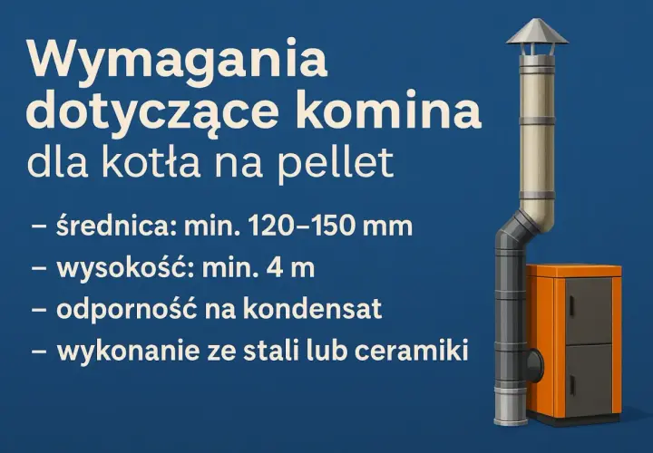Komin zewnętrzny do pieca na pellet, z elementami stalowymi i ceramicznymi, o minimalnej średnicy 120-150 mm i wysokości 4 m, odporny na kondensat.