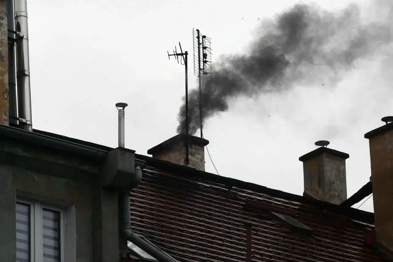 Gęsty, czarny dym wydobywa się z komina, sugerując, czy można palić kartonami w piecu. Na dachu widać antenę i inne kominy.