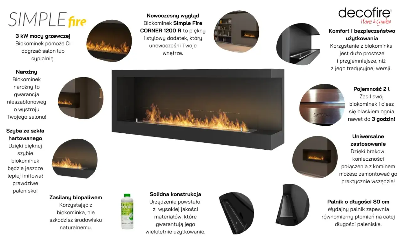 Nowoczesny biokominek Simple Fire z palnikiem 80 cm, zasilany ekologicznym płynem do biokominka, zapewni ciepło i blask ognia do 3 godzin.
