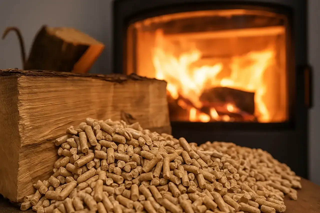 Wolnostojący kominek na pellet, obok stosu drewna i paliwa, ogrzewa wnętrze ciepłym blaskiem ognia.